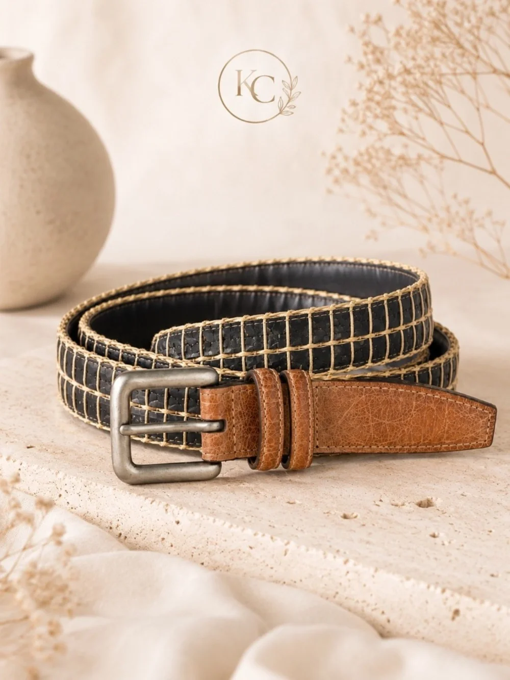 Torino Leather Co Natural Cork Belt Black Camel Size 46 Made in USA